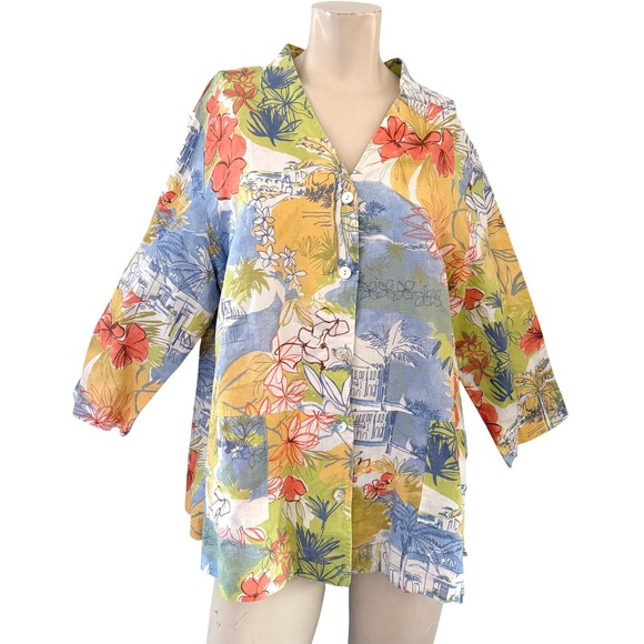 Hot Cotton Tops - Hot Cotton Petite XL Hawaiian Tropical Floral Shirt Linen Blend Resort Cruise
